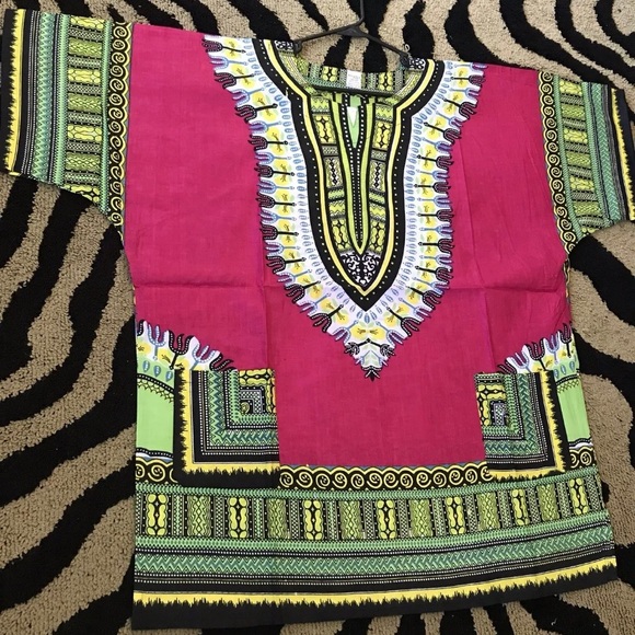 African Print Dashiki Men Women Shirt Traditional Vtg. Festive One Size FUCHSIA - Picture 2 of 4